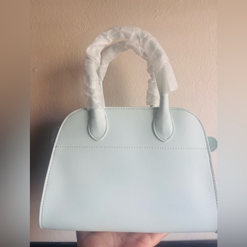 Light Cream Blue Structured Top-Handle Women’s Bag with belt